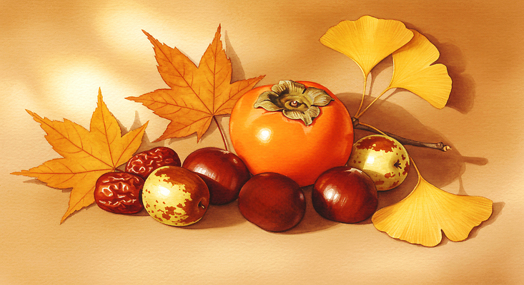 JPG 식물 컬러 단풍 과일 일러스트 자연 나뭇잎 감 야외 갈색 주황색 견과류 수확 가을 배열 은행잎 특산물 한정식 수확철 국내일러스트 AI일러스트 AI콘텐츠 계절 한식 잎 농업 생태계 정식 파일형식