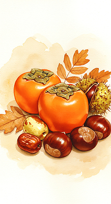JPG 나무 계절 예술 음식 과일 일러스트 자연 나뭇잎 귤 따뜻함 풍경 갈색 주황색 수확 가을 밤 도토리 조화 색감 정물화 국내일러스트 AI일러스트 AI콘텐츠 식물 컬러 잎 농업 견과류 그림 생태계 파일형식