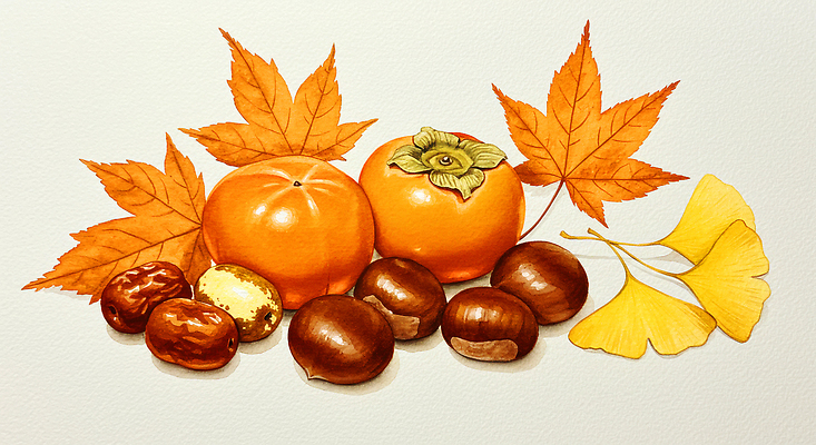 JPG 식물 디자인 계절 컬러 단풍 과일 일러스트 자연 생명 감 풍경 장식 전시 수확 가을 밤 은행잎 조화 뷰티풀 색감 국내일러스트 AI일러스트 AI콘텐츠 잎 농업 견과류 생태계 파일형식