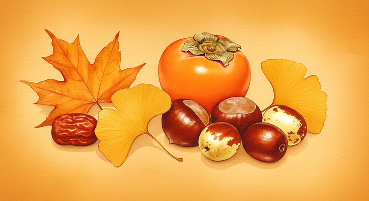 JPG 식물 계절 단풍 과일 일러스트 자연 나뭇잎 따뜻함 감 풍경 농작물 금색 수확 가을 밤 은행나무 나무열매 색채 국내일러스트 AI일러스트 AI콘텐츠 나무 열매 컬러 잎 농업 견과류 생태계 파일형식