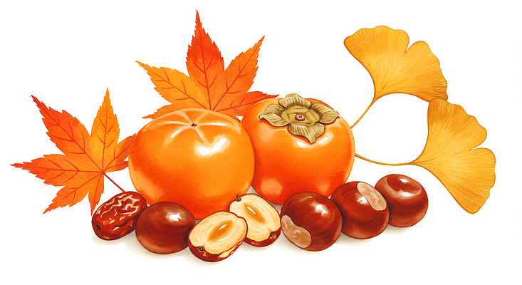 JPG 나무 식물 단풍 과일 일러스트 자연 생명 건강 감 풍경 장식 농작물 정원 수확 가을 과수원 은행잎 당고 색감 국내일러스트 AI일러스트 AI콘텐츠 계절 잎 농업 생태계 파일형식