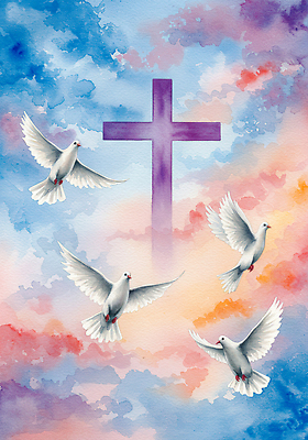 JPG 구름 감정 기독교 종교 예술 상징 컬러 백그라운드 십자가 일러스트 자연 하늘 창조 평화 희망 물감 비둘기 천국 뷰티풀 국내일러스트 AI일러스트 AI콘텐츠 자연요소 컨셉 조류 미술도구 생태계 파일형식