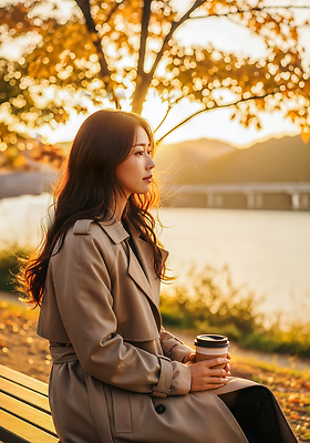 JPG 편집이미지 여자 호수 여유 커피 단풍 벤치 자연 풍경 햇빛 노을 산책 가을 뷰티풀 오후 의료성형뷰티 편집실사 AI인물포토 AI콘텐츠 자연요소 계절 감정 음료 잎 의자 휴식 사람 태양 CG 생태계 파일형식 AI포토