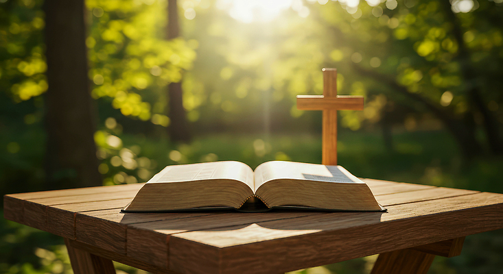 JPG 나무 편집이미지 종교 십자가 자연 탁자 햇빛 평화 성경 고요 분위기 숲 명상 신성 편집실사 AI포토 AI콘텐츠 식물 가구 컨셉 종교용품 태양 CG 생태계 파일형식