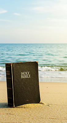 JPG 편집이미지 종교 여유 물결 파도 자연 해변 모래사장 평화 성경 일몰 편집실사 AI포토 AI콘텐츠 감정 바다 컨셉 종교용품 노을 CG 생태계 파일형식