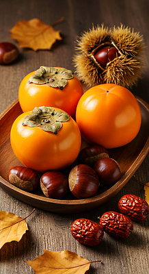 JPG 편집이미지 컬러 과일 자연 식탁 나뭇잎 감 농작물 견과류 수확 가을 밤 나무그릇 편집실사 AI포토 AI콘텐츠 그릇 계절 잎 농업 탁자 목재 CG 생태계 파일형식