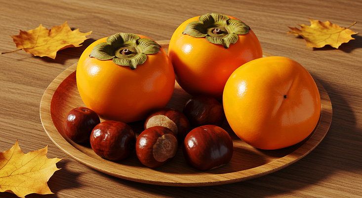 JPG 편집이미지 계절 음식 컬러 과일 자연 탁자 따뜻함 감 수확 가을 밤 유기농 나무접시 뷰티풀 편집실사 AI포토 AI콘텐츠 접시 웰빙 가구 농업 견과류 CG 생태계 파일형식