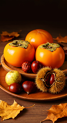 JPG 나무 편집이미지 전통 음식 단풍 과일 자연 탁자 장식 가을 사과 밤 조화 색감 풍요 편집실사 AI포토 AI콘텐츠 식물 계절 가구 컨셉 잎 견과류 CG 생태계 파일형식