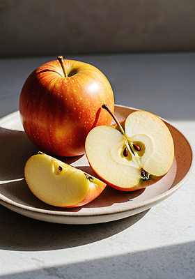 JPG 무료이미지 편집이미지 접시 음식 과일 탁자 아침 디저트 조명 건강 식사 신선 사과 배열 슬라이스 편집실사 AI포토 AI콘텐츠 주간 식기 가구 CG 파일형식