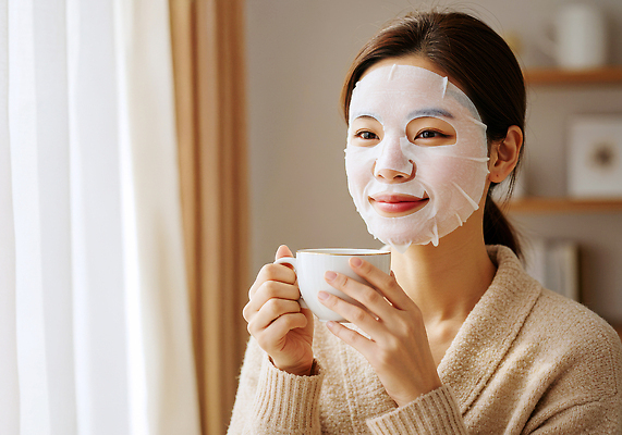 JPG 편집이미지 여자 거실 휴식 미소 스파 차 편안함 피부관리 향기 스킨케어 마스크팩 차마시기 의료성형뷰티 홈케어 편집실사 AI인물포토 AI콘텐츠 음료 컨셉 표정 관리 사람 뷰티 마시기 감각 CG 냄새 팩 파일형식 AI포토