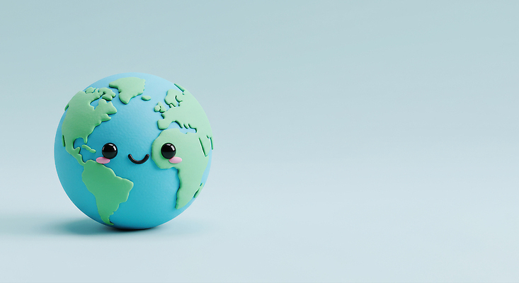 JPG 편집이미지 캐릭터 디자인 행복 지구 미소 파란색 장난감 지구본 귀여움 환경 표현 친환경 창의성 편집3D AI컴퓨터그래픽 AI콘텐츠 감정 컬러 컨셉 표정 3D 파일형식