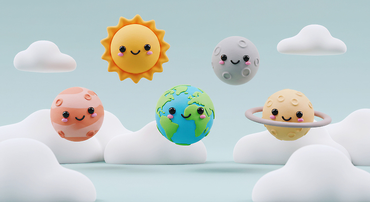 JPG 구름 편집이미지 캐릭터 디자인 행복 지구 컬러 놀이 태양 우주 귀여움 행성 달 표현 그림 편집3D AI컴퓨터그래픽 AI콘텐츠 자연요소 감정 컨셉 3D 파일형식