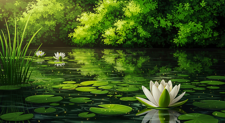 JPG 식물 편집이미지 꽃 자연 풍경 초록색 물 여름 햇빛 반사 고요 연못 수면 수중식물 연습 이미지편집 AI컴퓨터그래픽 AI콘텐츠 자연요소 계절 컬러 태양 생태계 파일형식