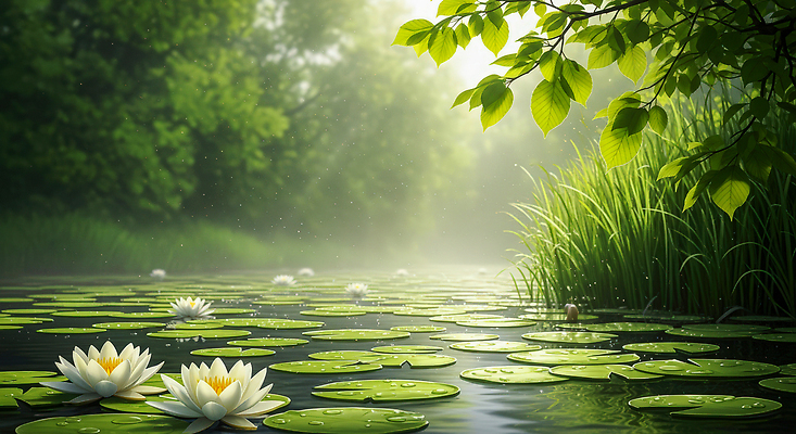 JPG 편집이미지 자연 생명 풍경 물 여름 햇빛 고요 물방울 녹음 연못 수중식물 연습 조화 뷰티풀 이미지편집 AI컴퓨터그래픽 AI콘텐츠 자연요소 식물 계절 태양 기록 생태계 파일형식