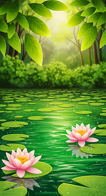 JPG 식물 편집이미지 호수 잎 자연 아침 연꽃 풍경 초록색 물 햇빛 평화 정원 수면 연습 생태계 이미지편집 AI컴퓨터그래픽 AI콘텐츠 주간 자연요소 꽃 컬러 컨셉 태양 파일형식