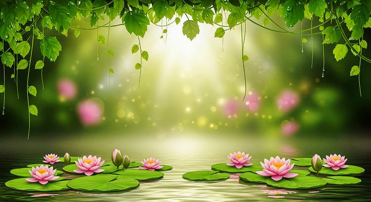 JPG 식물 편집이미지 꽃 호수 자연 나뭇잎 연꽃 초록색 물 여름 빛 반사 평화 고요 수면 뷰티풀 이미지편집 AI컴퓨터그래픽 AI콘텐츠 자연요소 계절 컬러 컨셉 잎 생태계 파일형식