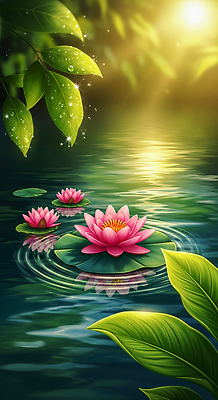 JPG 식물 편집이미지 호수 여유 물결 잎 자연 풍경 반사 일몰 연습 뷰티풀 이미지편집 AI컴퓨터그래픽 AI콘텐츠 감정 노을 생태계 파일형식