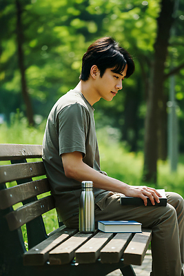 JPG 편집이미지 공원 남자 여유 벤치 자연 휴식 이야기 초원 책 독서 편안함 물병 집중 오후 의료성형뷰티 편집실사 AI인물포토 AI콘텐츠 공공시설 감정 컨셉 의자 사람 감각 물통 CG 생태계 파일형식 AI포토