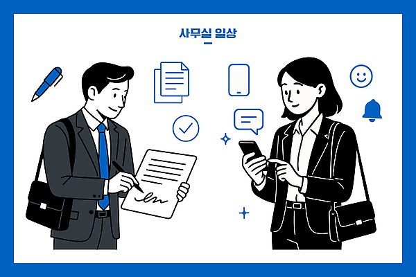 여자 남자 일러스트 커뮤니케이션 협력 직장 일상 스마트폰 사무실 환경 업무 작업 메시지 집중 모던 문서 서명 체크리스트 국내일러스트 AI파일 컨셉 회사 비즈니스 사람 라이프 핸드폰 스마트기기 파일형식 벡터