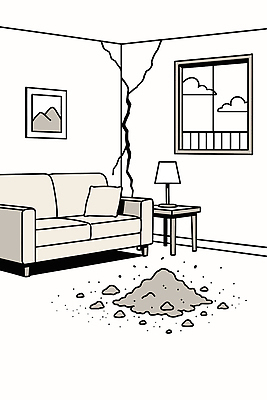 디자인 벽 일러스트 창문 탁자 조명 실내 풍경 생활 인테리어 소파 공간 손상 방 균열 편안함 모던 흙더미 개조 국내일러스트 AI파일 가구 컨셉 의자 모션 내부 흙 감각 파일형식 벡터 더미