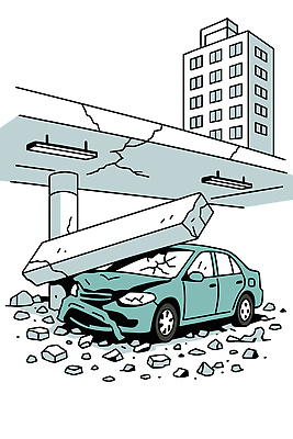 건축 교통 생각 일러스트 자동차 지붕 안전 건물 피해 손상 도시 구출 구조물 도심 파편 위험 주차장 점검 콘크리트 무너짐 국내일러스트 AI파일 건축물 육상교통 컨셉 모션 도움 파일형식 벡터