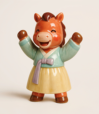 JPG 동물 편집이미지 전통 디자인 옷 행복 문화 인형 재료 한국 미소 장식 귀여움 기쁨 말_게임 도자기 한복 편집3D 병오년 붉은말 AI컴퓨터그래픽 AI콘텐츠 한국전통 감정 아시아 컨셉 표정 3D 말_동물 전통의상 파일형식 2026년