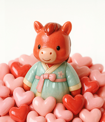 JPG 편집이미지 기념일 컬러 사랑 장식 귀여움 축제 도자기 생일 전통의상 한복 부드러움 감성 아이템 말인형 아기자기 편집3D 병오년 붉은말 AI컴퓨터그래픽 AI콘텐츠 한국전통 전통 감정 인형 컨셉 이벤트 3D 말_동물 감각 파일형식 2026년