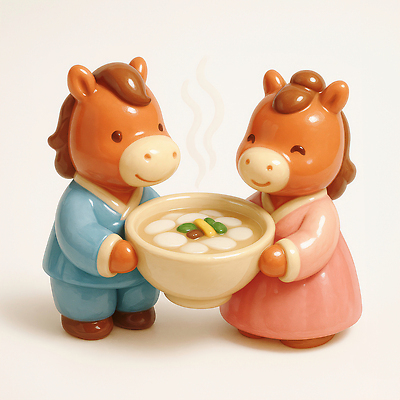 JPG 편집이미지 캐릭터 전통 음식 따뜻함 사랑 미소 만남 말_게임 도자기 분위기 한복 소중 조화 편집3D 병오년 붉은말 AI컴퓨터그래픽 AI콘텐츠 한국전통 감정 컨셉 표정 3D 말_동물 전통의상 파일형식 2026년