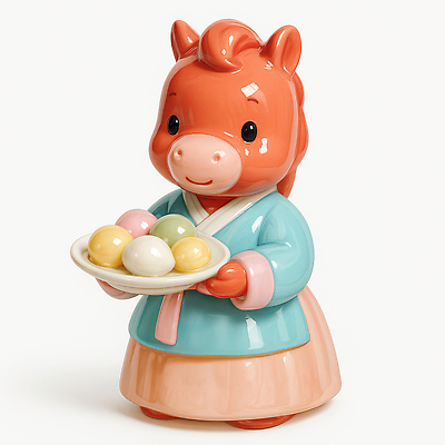 JPG 편집이미지 캐릭터 전통 접시 디자인 옷 문화 음식 인형 컬러 떡 한국 귀여움 말_게임 도자기 한복 아기자기 편집3D 병오년 붉은말 AI컴퓨터그래픽 AI콘텐츠 한국전통 식기 아시아 컨셉 3D 말_동물 전통의상 파일형식 2026년