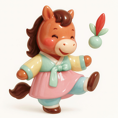 JPG 편집이미지 캐릭터 전통 디자인 문화 컬러 한국 웃음 장식 표현 춤 말_게임 도자기 한복 즐거움 아기자기 편집3D 병오년 붉은말 AI컴퓨터그래픽 AI콘텐츠 한국전통 감정 아시아 컨셉 문화예술 표정 3D 말_동물 전통의상 파일형식 2026년