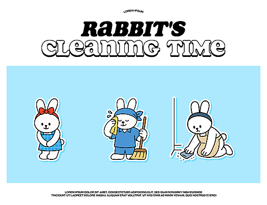 캐릭터 일러스트 가족 모션 놀이 바닥 주택 파란색 친구 주방 청결 도구 토끼 청소 즐거움 오브젝트 정리 손질 국내일러스트 AI파일 감정 컬러 포유류 관계 건물 반려동물 위생 파일형식 벡터