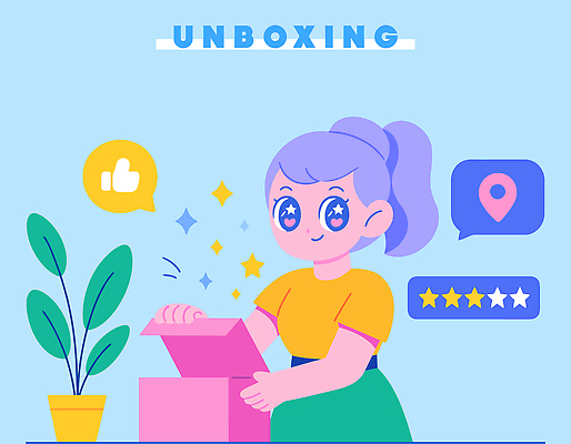 식물 디자인 행복 감정 어린이 일러스트 소녀 상자 기쁨 표현 오픈 파란배경 장면 리뷰 반응 별점 소셜미디어 국내일러스트 AI파일 여자 백그라운드 사람 파란색 점수 평가 파일형식 벡터