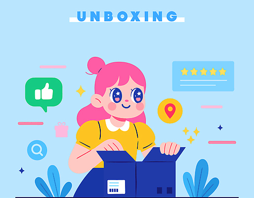 행복 별 컬러 일러스트 포장 사람 소녀 상자 유행 희망 성장 상품 탐색 리뷰 소셜미디어 언박싱 국내일러스트 AI파일 자연요소 여자 감정 어린이 파일형식 벡터