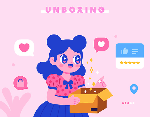캐릭터 디자인 행복 상징 분홍색 백그라운드 일러스트 모션 소녀 상자 귀여움 놀람 기쁨 표현 메시지 체크표시 이모티콘 소셜미디어 언박싱 국내일러스트 AI파일 여자 감정 어린이 컬러 컨셉 표정 확인 파일형식 벡터