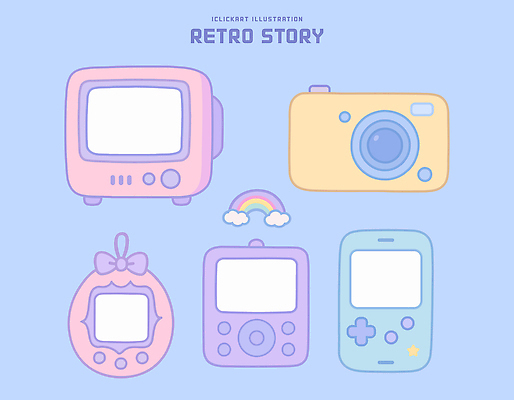 디자인 분홍색 컬러 무지개 일러스트 파란색 노란색 카메라 텔레비전 다양 빈티지 게임기 복고 파스텔 클라우드서비스 아이템 국내일러스트 AI파일 자연요소 다수 컨셉 학용품 전자제품 서비스 파일형식 벡터