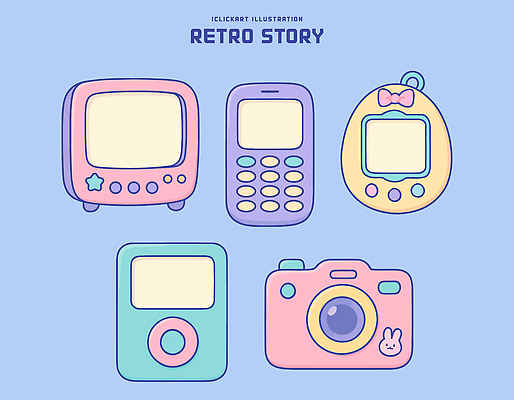 디자인 컬러 백그라운드 일러스트 핸드폰 장난감 카메라 귀여움 텔레비전 기계 빈티지 복고 아날로그 파스텔 아이템 스타일 국내일러스트 AI파일 컨셉 학용품 전자제품 파일형식 벡터