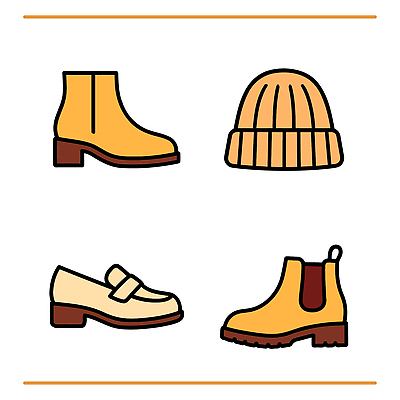 모자 디자인 옷 신발 일러스트 장신구 부츠 캐주얼 유행 외투 겨울옷 비니 로퍼 스타일 국내일러스트 AI파일 모자_잡화 잡화 상의 겨울 파일형식 벡터