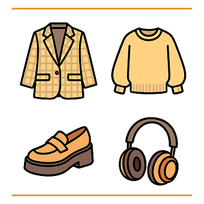 모자 패션 구두 가방 일러스트 장신구 정장 일상 캐주얼 노란색 헤드폰 재킷 편안함 스웨터 체크무늬 스타일 국내일러스트 AI파일 잡화 옷 컬러 음향기기 신발 상의 무늬 라이프 외투 감각 파일형식 벡터