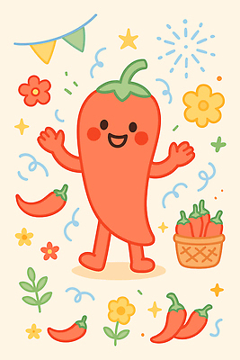 캐릭터 디자인 꽃 행복 음식 컬러 백그라운드 채소 일러스트 고추 멕시코 아이디어 미소 장식 농작물 축제 즐거움 화사함 국내일러스트 AI파일 식물 감정 컨셉 북아메리카 농업 표정 파일형식 벡터