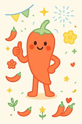 캐릭터 디자인 꽃 컬러 백그라운드 일러스트 고추 표정 웃음 장식 농작물 엄지손가락 표현 즐거움 긍정 아기자기 국내일러스트 AI파일 식물 감정 컨셉 농업 채소 손가락 파일형식 벡터