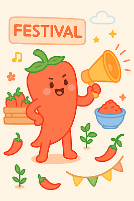 캐릭터 음식 컬러 농업 채소 과일 일러스트 고추 웃음 이벤트 농장 농사 축제 확성기 소리 신선 시장 농부 알림 즐거움 주말 국내일러스트 AI파일 직업 감정 산업 표정 파일형식 벡터