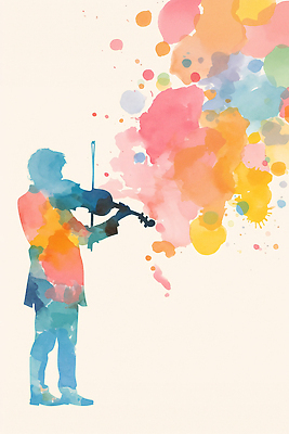 JPG 남자 감정 예술 음악 컬러 백그라운드 연주 일러스트 수채화 컬러풀 공연 표현 바이올린 음악회 초상화 아티스트 창의성 국내일러스트 AI일러스트 AI콘텐츠 직업 현악기 문화예술 사람 이벤트 그림 파일형식