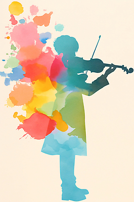 JPG 실루엣 예술 악기 음악 컬러 백그라운드 연주 일러스트 모션 소년 물감 표현 색칠 분위기 바이올린 그림 감성 창의성 국내일러스트 AI일러스트 AI콘텐츠 남자 어린이 컨셉 현악기 문화예술 촬영기법 미술도구 파일형식