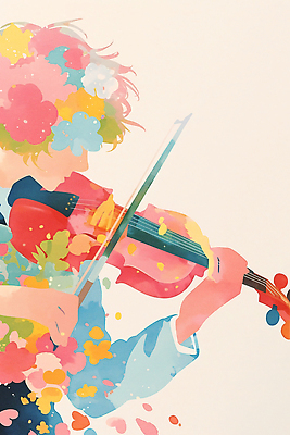 JPG 꽃 감정 어린이 예술 악기 음악 컬러 연주 일러스트 모션 표현 바이올린 그림 화사함 조화 뷰티풀 상상력 색채 창의성 국내일러스트 AI일러스트 AI콘텐츠 식물 컨셉 현악기 문화예술 사람 파일형식