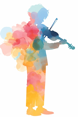 JPG 남자 감정 실루엣 예술 음악 일러스트 미술 물감 연주자 음악가 표현 바이올린 그림 감성 색채 성격 창의성 창작 국내일러스트 AI일러스트 AI콘텐츠 직업 컨셉 현악기 문화예술 촬영기법 사람 미술도구 파일형식