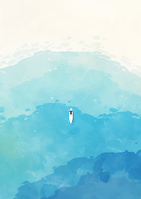 JPG 여유 스포츠 파도 바다 일러스트 모션 자연 아침 사람 풍경 해변 물 평화 수영 서핑 수면 즐거움 서퍼 혼자 국내일러스트 AI일러스트 AI콘텐츠 주간 자연요소 감정 컨셉 운동선수 수상스포츠 생태계 파일형식