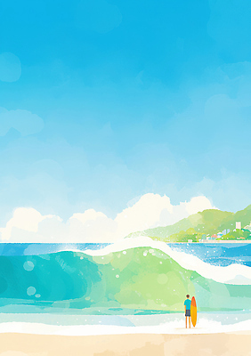 JPG 모래 스포츠 파도 바다 일러스트 자연 물놀이 하늘 휴식 풍경 해변 일상 여름 파란색 자유 서핑 즐거움 조화 서퍼 국내일러스트 AI일러스트 AI콘텐츠 계절 감정 컬러 컨셉 놀이 운동선수 라이프 수상스포츠 생태계 파일형식