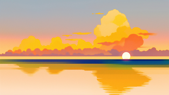 JPG 구름 바다 컬러 일러스트 자연 하늘 풍경 여름 태양 반사 평화 노을 고요 일몰 수면 저녁 뷰티풀 수평선 국내일러스트 AI일러스트 AI콘텐츠 자연요소 계절 컨셉 물 야간 생태계 파일형식