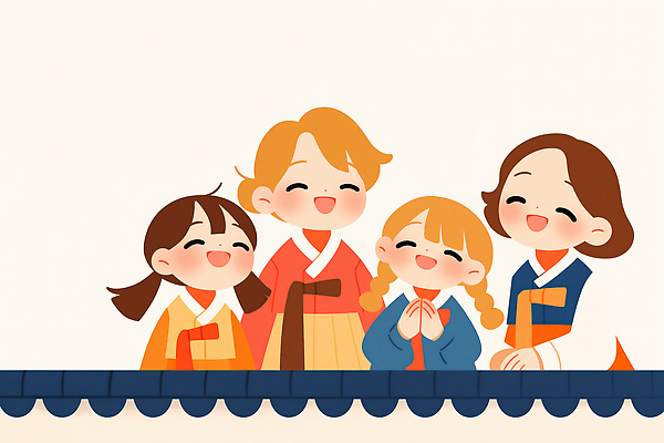 JPG 전통 기념일 행복 문화 어린이 컬러 포즈 일러스트 한국 함께함 미소 웃음 추석 귀여움 축제 그룹 전통의상 한복 즐거움 세대 색감 국내일러스트 AI일러스트 AI콘텐츠 한국전통 명절 감정 아시아 컨셉 표정 사람 이벤트 파일형식