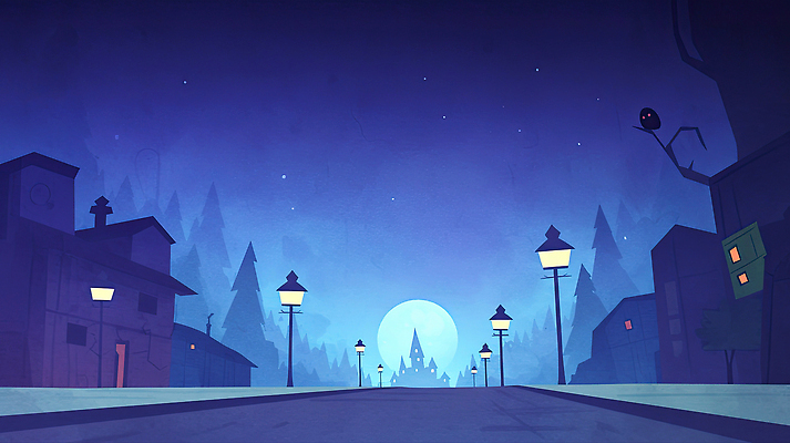 JPG 나무 도로 컬러 일러스트 하늘 조명 거리 주택 풍경 빛 마을 어둠 할로윈 달 도시 성 분위기 밤 스토리 루트 스릴 몽환 국내일러스트 AI일러스트 AI콘텐츠 자연요소 식물 건축물 길 컨셉 교통시설 건물 견과류 파일형식